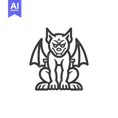 A black and white line drawing of a gargoyle with wings