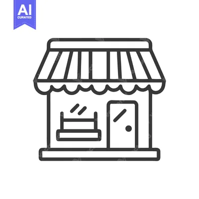 Minimalist Storefront Icon with Awning and Display Window, Black Outli