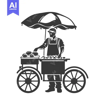Street Vendor Selling Goods from a Cart with an Umbrella