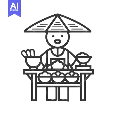 Street vendor with conical hat selling food from a table