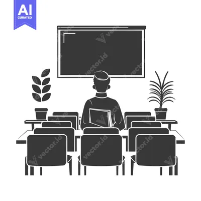 Student Sitting in a Classroom with a Blackboard and Plants