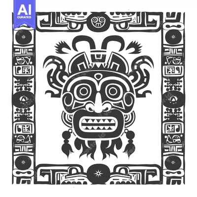 Aset desain premium: Stylized Ancient Tribal Mask with Geometric Ornamentation