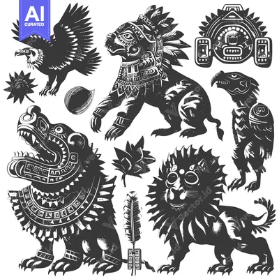Stylized Animals and Masks in Aztec Design