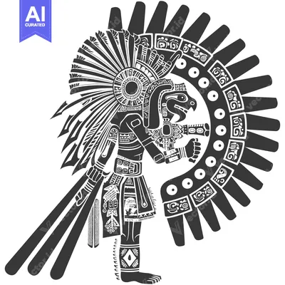 Stylized Aztec Deity with Sun Symbol and Feathered Headdress