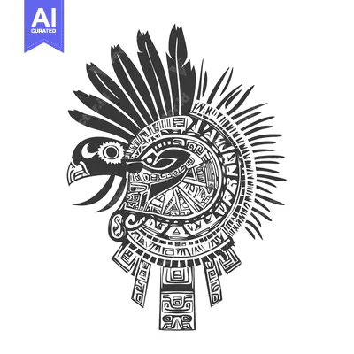Stylized Aztec Eagle Head with Feathers and Geometric Patterns