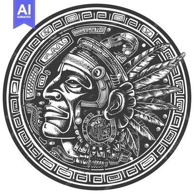 Aset desain premium: Stylized Aztec Warrior Head with Feathers and Geometric Border
