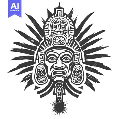 Aset desain premium: Stylized Aztec Warrior Head with Sun Symbol