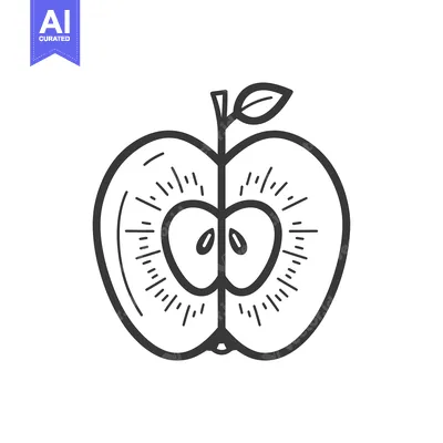 Aset desain premium: A black and white line drawing of a halved apple with a leaf