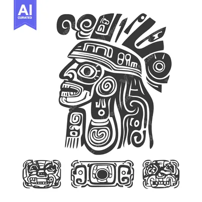 Aset desain premium: Stylized Aztec Warrior with Traditional Headpiece and Mask