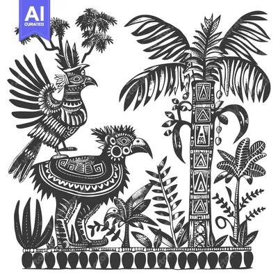 Stylized Birds and Palm Trees in a Jungle Setting