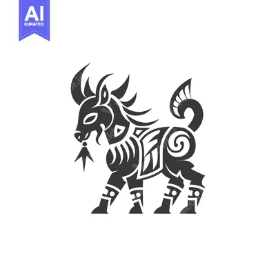 Aset premium populer: Stylized Black and White Animal with Curved Horns and Tail