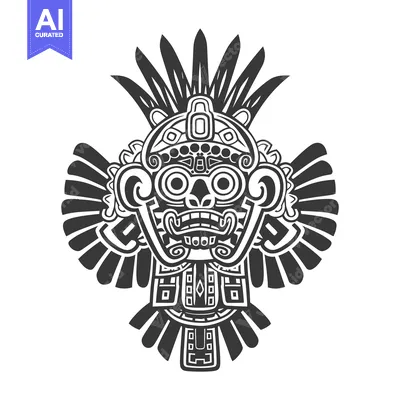 Stylized Black and White Aztec Deity with Feathered Headpiece and Wing