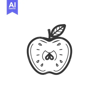 A Black and White Line Drawing of a Halved Apple with a Leaf