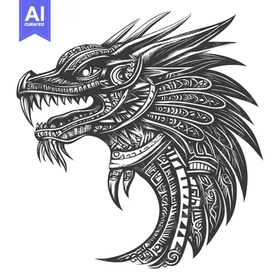Stylized Black and White Aztec Dragon Head with Feathers