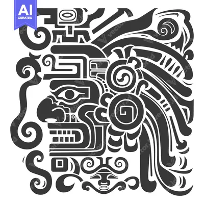 Stylized Black and White Aztec Face with Ornate Details