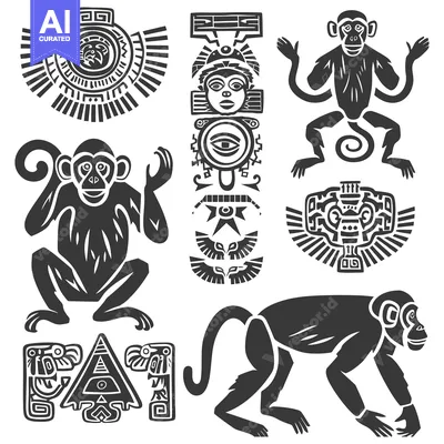 Aset desain premium: Stylized Black and White Aztec Monkey and Geometric Designs