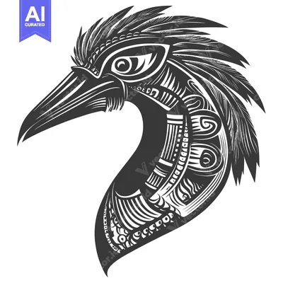 Aset premium populer: Stylized Black and White Bird Head with Detailed Feathers and Patterns