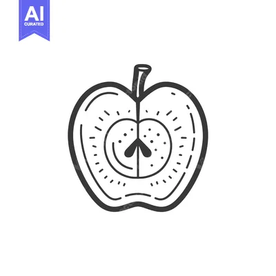 A black and white line drawing of a halved apple with a stem.