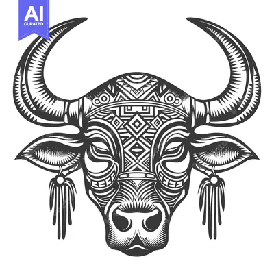 Stylized Black and White Bull Head with Tribal Pattern and Tassels