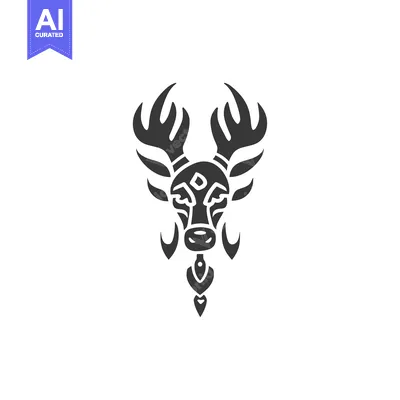 Stylized Black and White Deer Head with Antlers and Geometric Patterns