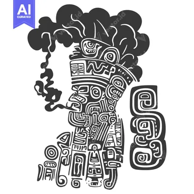 Aset desain premium: Stylized Black and White Depiction of a Mayan Figure with Smoke