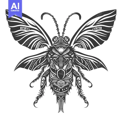 Aset desain premium: Stylized Black and White Detailed Insect with Wings