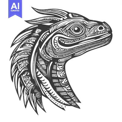 Stylized Black and White Dinosaur Head with Geometric Patterns