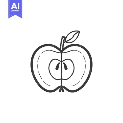 Premium design asset: A Black and White Line Drawing of a Halved Apple with a Stem and Leaf