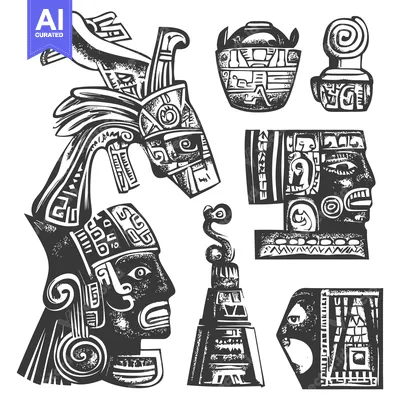 Premium design asset: Stylized Black and White Drawings of Aztec Heads and Ornaments