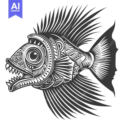 Aset premium populer: Stylized Black and White Fish with Open Mouth and Spiked Fins
