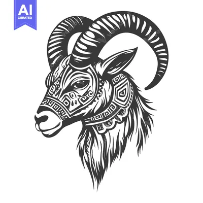 Aset desain premium: Stylized Black and White Goat Head with Ornamental Horns