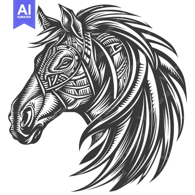 Aset desain premium: Stylized Black and White Horse Head Illustration