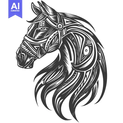 Aset desain premium: Stylized Black and White Horse Head with Detailed Pattern