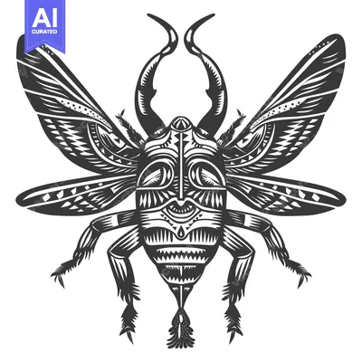 Premium design asset: Stylized Black and White Illustration of a Beetle with Large Wings
