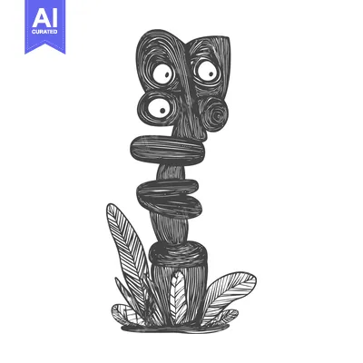 Stylized Black and White Illustration of a Cartoonish Totem Pole with