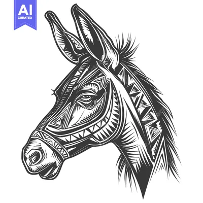 Stylized Black and White Illustration of a Donkey Head with Tribal Pat