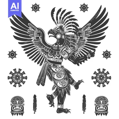 Stylized Black and White Illustration of a Feathered Aztec Eagle with