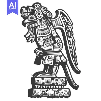 Stylized Black and White Illustration of a Feathered Aztec God