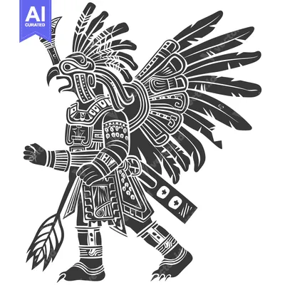 Stylized Black and White Illustration of a Feathered Warrior Figure