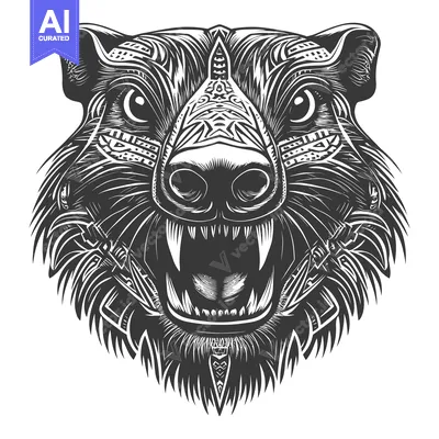 Stylized Black and White Illustration of a Ferocious Animal Head