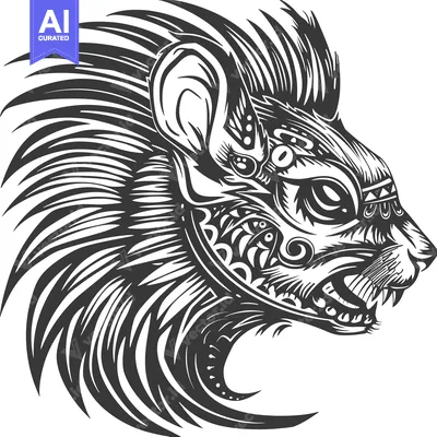 Premium design asset: Stylized Black and White Illustration of a Ferocious Animal Head