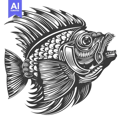 Premium design asset: Stylized Black and White Illustration of a Fish with Open Mouth