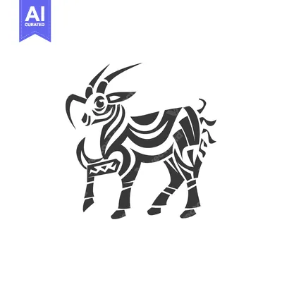 Stylized Black and White Illustration of a Goat with Curved Horns