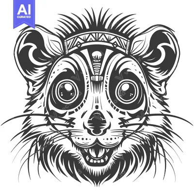 Stylized Black and White Illustration of a Lemur with Tribal Headband