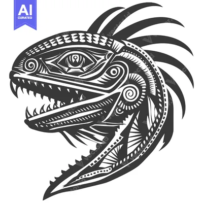 Aset desain premium: Stylized Black and White Illustration of a Lizard's Head with Geometri