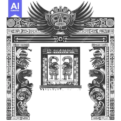 Stylized Black and White Illustration of a Mayan-Inspired Gateway with