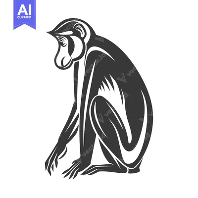Stylized Black and White Illustration of a Monkey Sitting