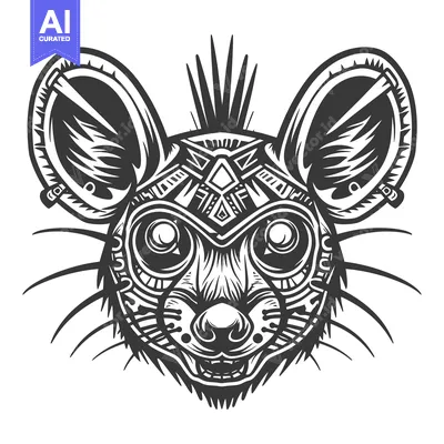 Premium design asset: Stylized Black and White Illustration of a Mouse Head with Geometric D