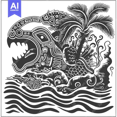 Aset desain premium: Stylized Black and White Illustration of a Mythical Creature Emerging