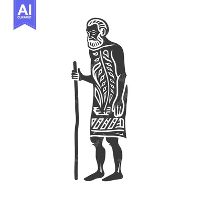 Aset desain premium: Stylized Black and White Illustration of an Ancient Man with a Staff